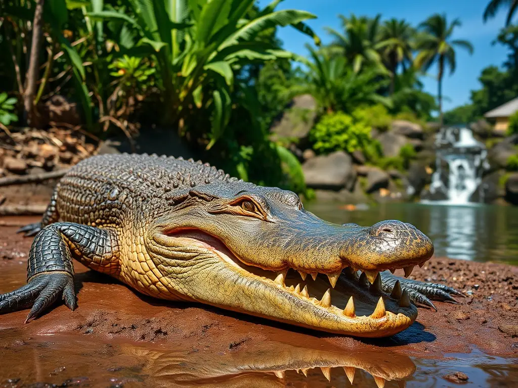 Foto real de un cocodrilo tranquilo en un entorno tropical