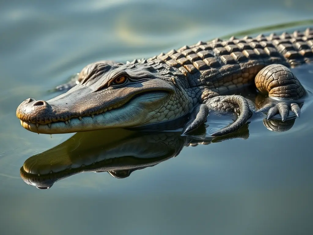 Fotografía realista de una madre crocodilo, con postura maternal y detalles acentuados