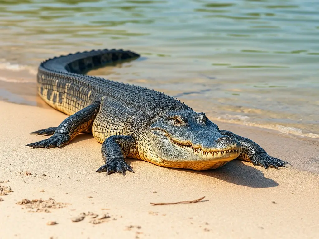 Foto realista de un cocodrilo de agua salada descansando en la arena
