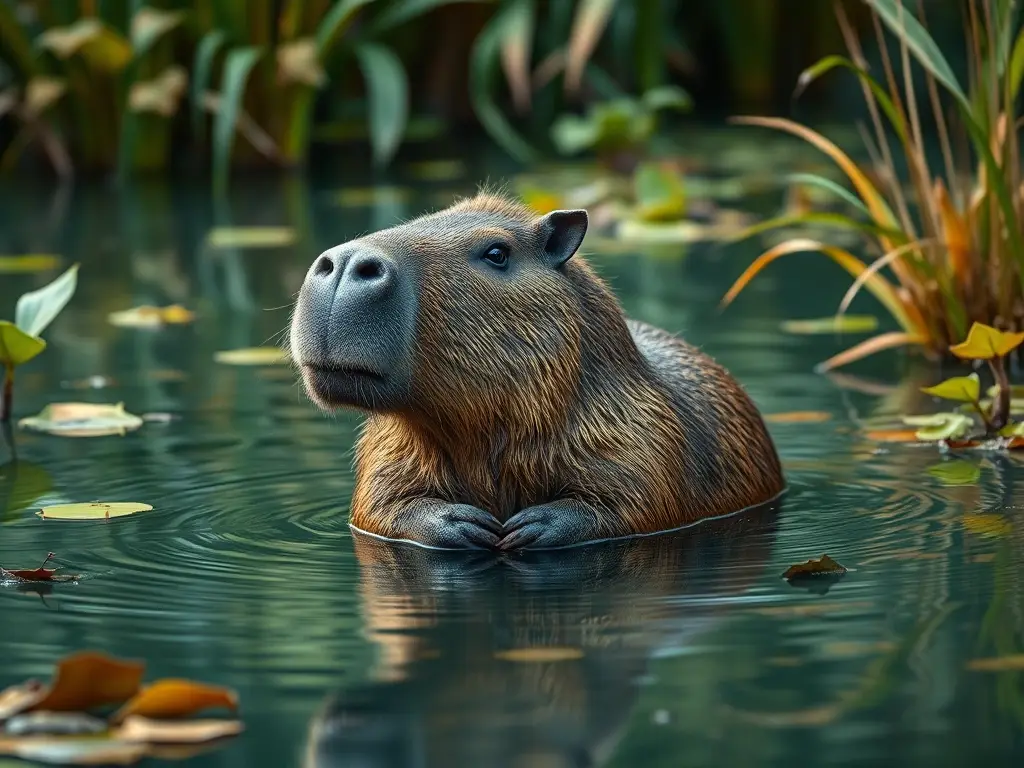 Fotorealista de capybara semi-acuático con vegetación, sin textos ni marcas