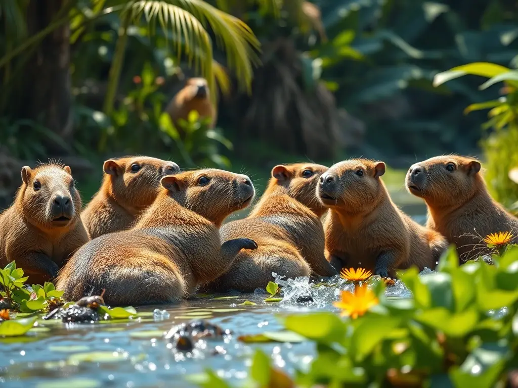 Es una obra de arte de alta resolución con capybaras relajándose en un río