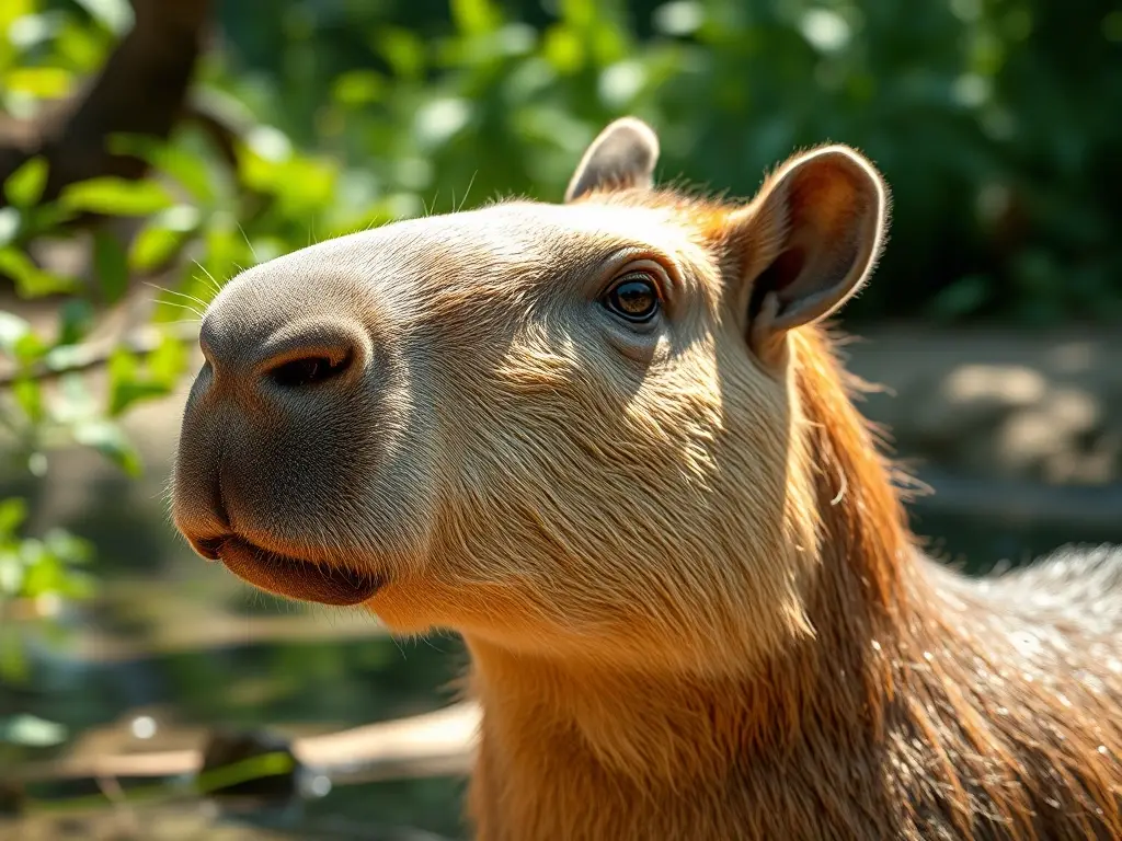 Foto realista de cabeza de capybara en un entorno natural con sol