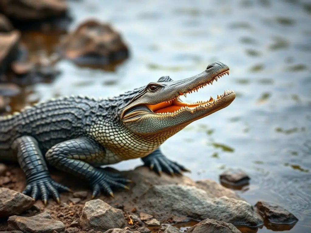 Foto de un cocodrilo de mar realista, detalladamente apretado, con músculos y dientes