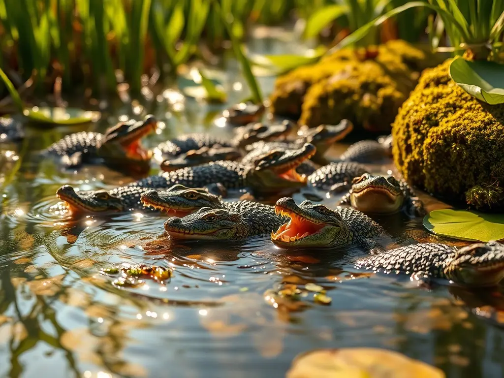 Crocodrilos bebés cazan en río soleado