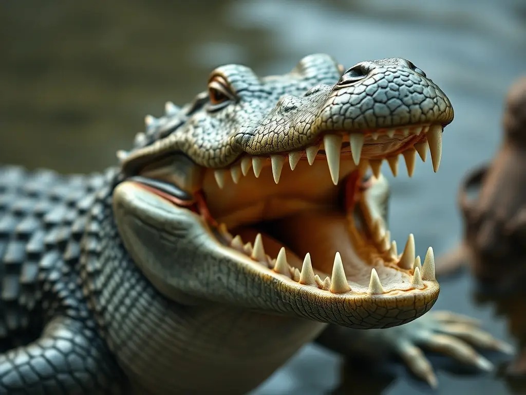 Una imagen realista de un cocodrilo con mandíbula abierta