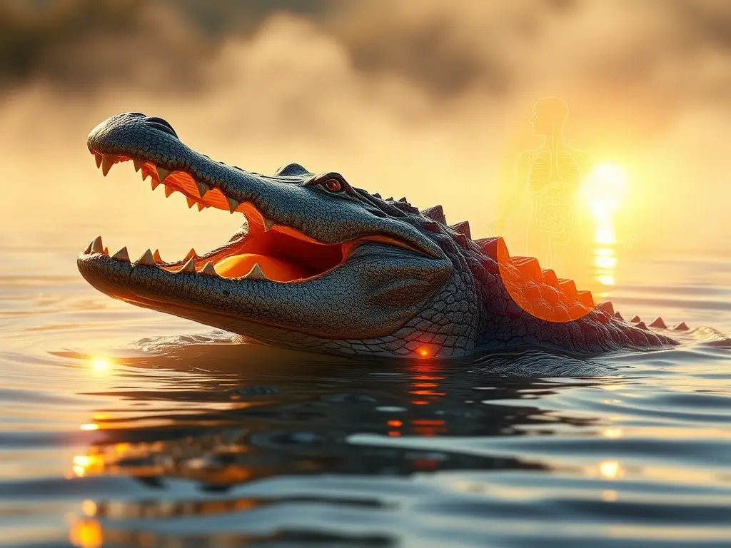 Portada fotorrealista: cocodrilo del Nilo al amanecer