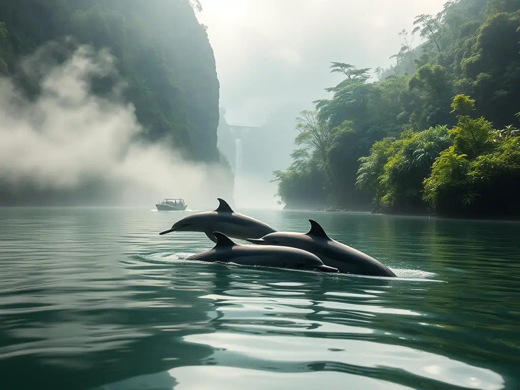 Delfines del Yangtsé nadando en río verde