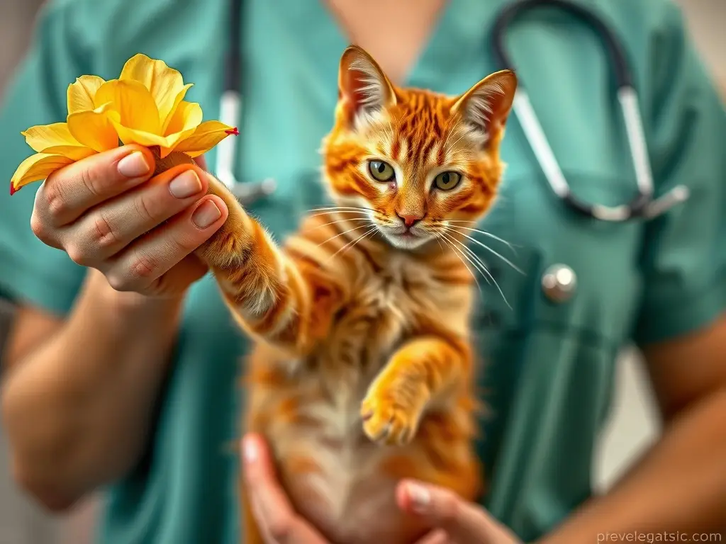 Fotorealista, precisión y serenidad de un veterinario con un gato de naranja