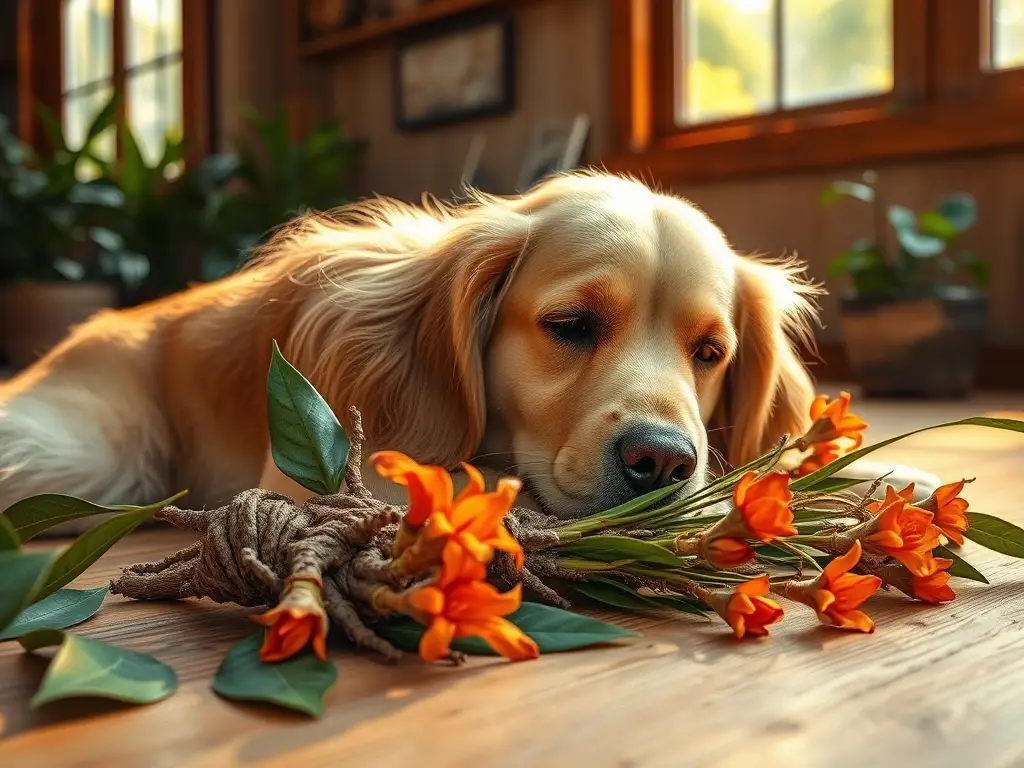 Perro dorado descansa entre raíces y luz