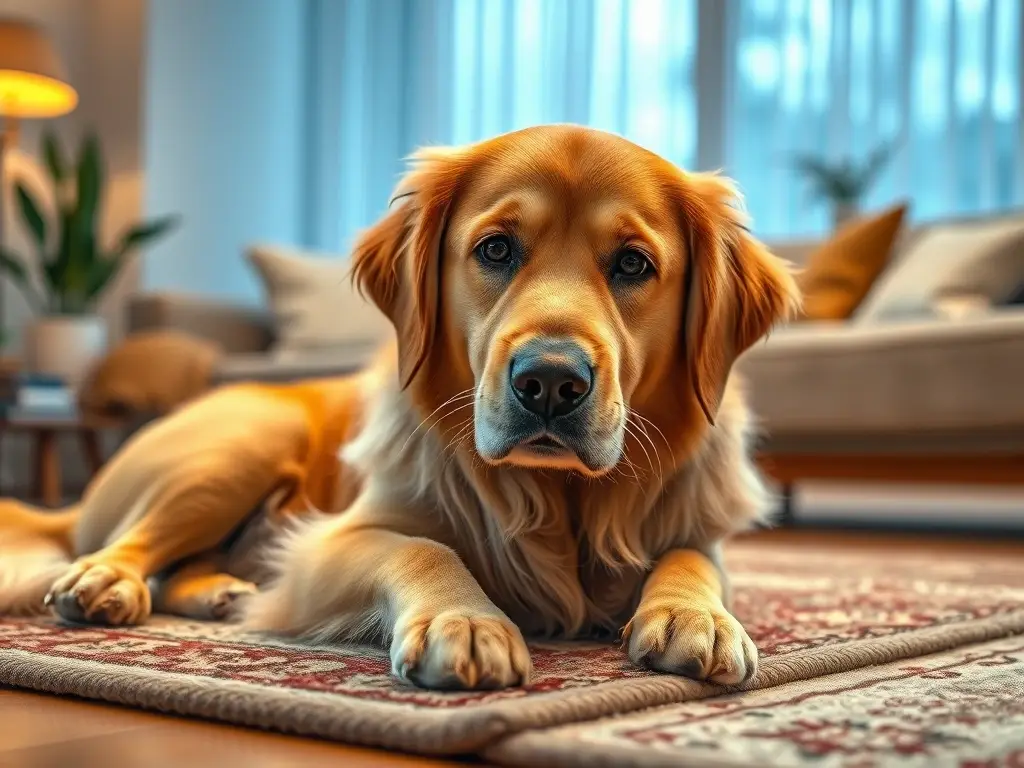 Un golden retriever relajante en un salón acogedor