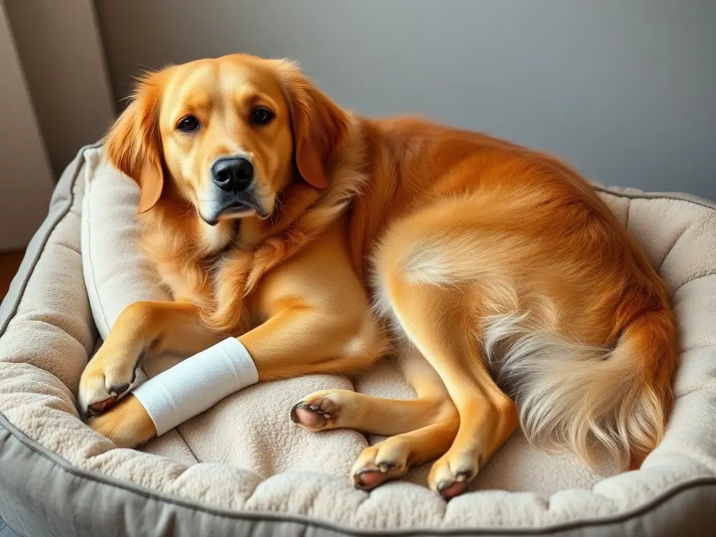 Imagen realista de Golden Retriever relajante con almohadón y atención a la anatomía