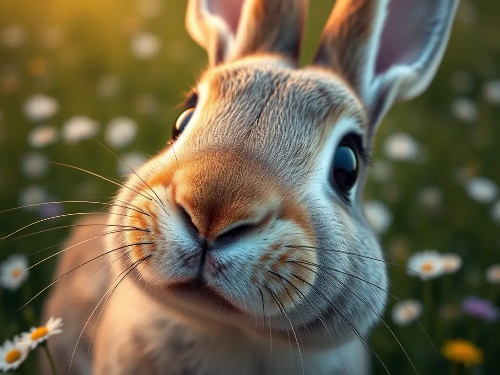 Estrecho retrato de conejo con ojos brillantes, en un campo verde