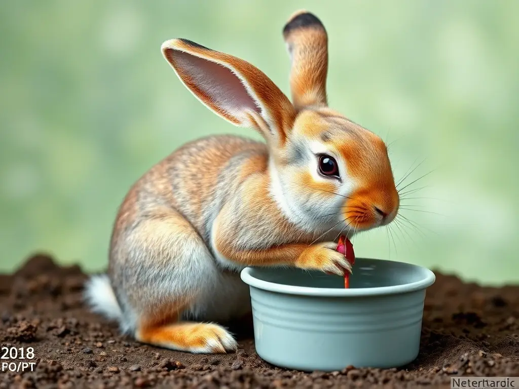 Imagen fotorealista de un conejo con anatomía detallada y sentada con un recipiente de agua