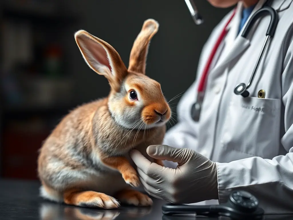 Foto realista de un veterinario examinando un conejo