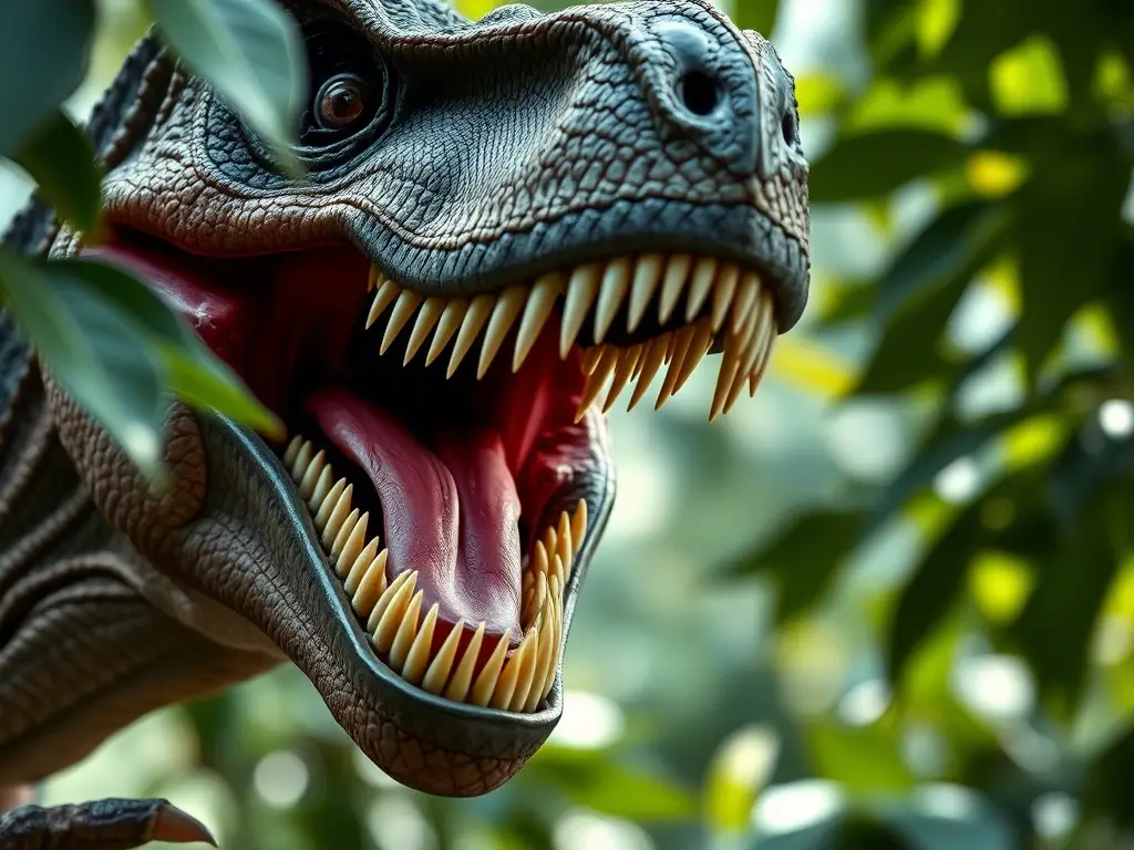 Fotografía realista de dientes de velociraptor con enfoque nítido