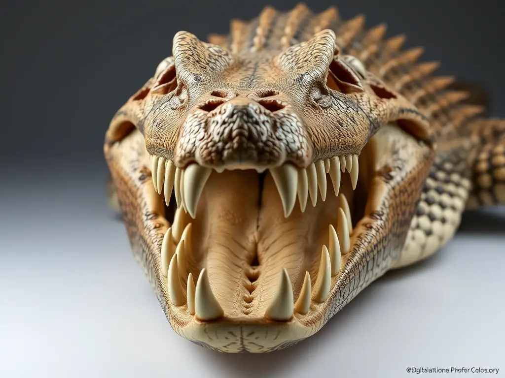 Gran fotorealista, sin distorsión, de cráneo, mandíbula y dientes de cocodrilo