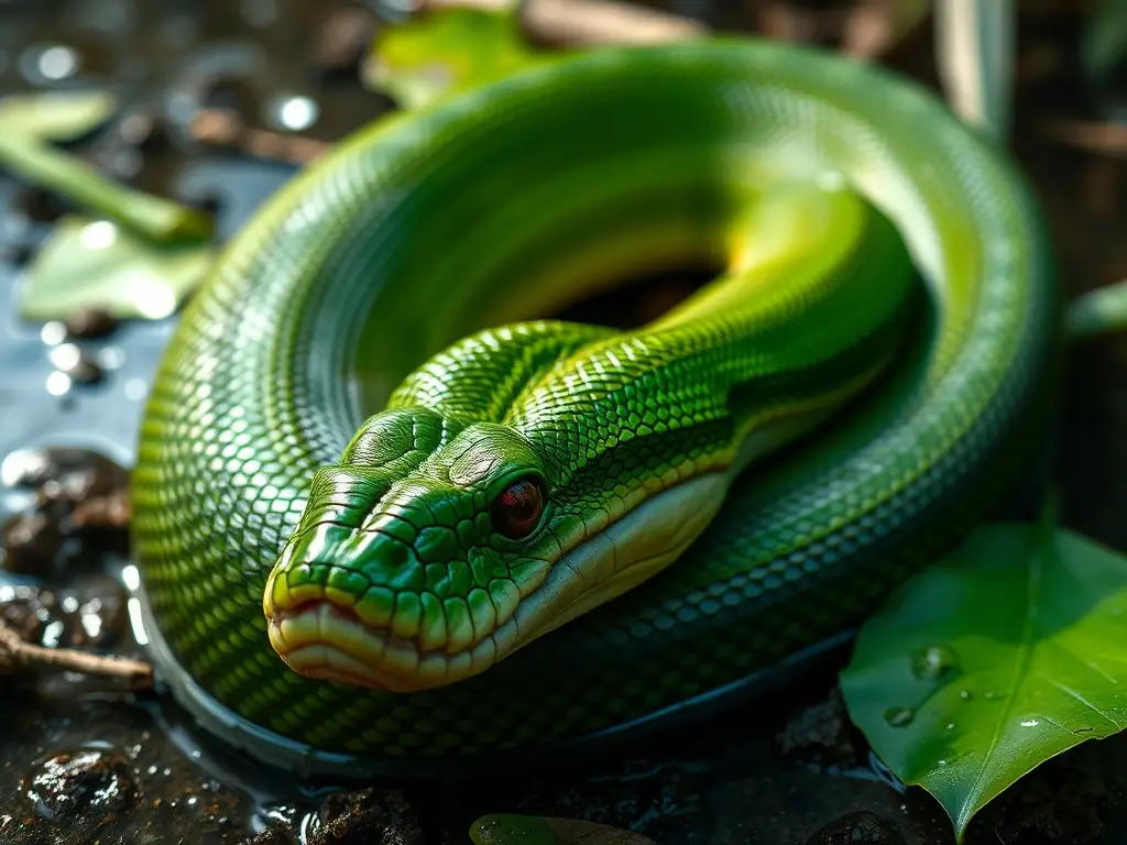 Un anaconda realista, en la jungla, con luz del sol