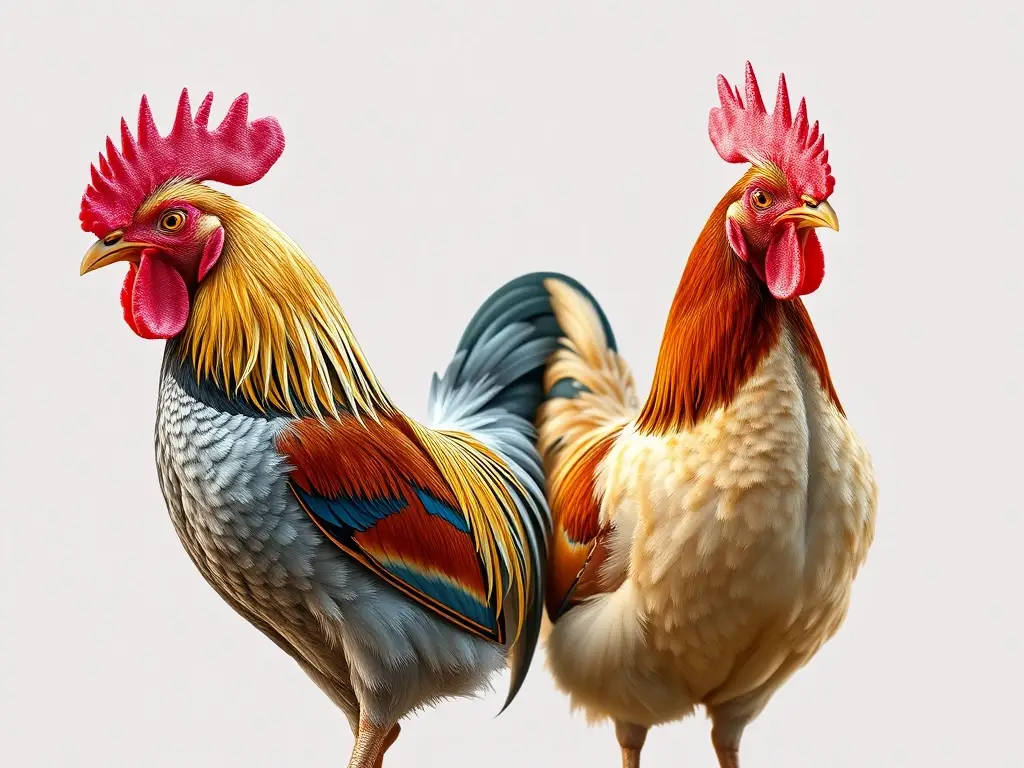Imagen realista de un gallo y una gallina juntos, explora la tradición del comercio en Dhaka