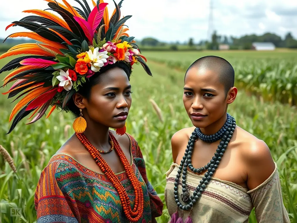 Una obra de arte fotográfica de dos mujeres con plumas y ropa colorida en una granja brasileña
