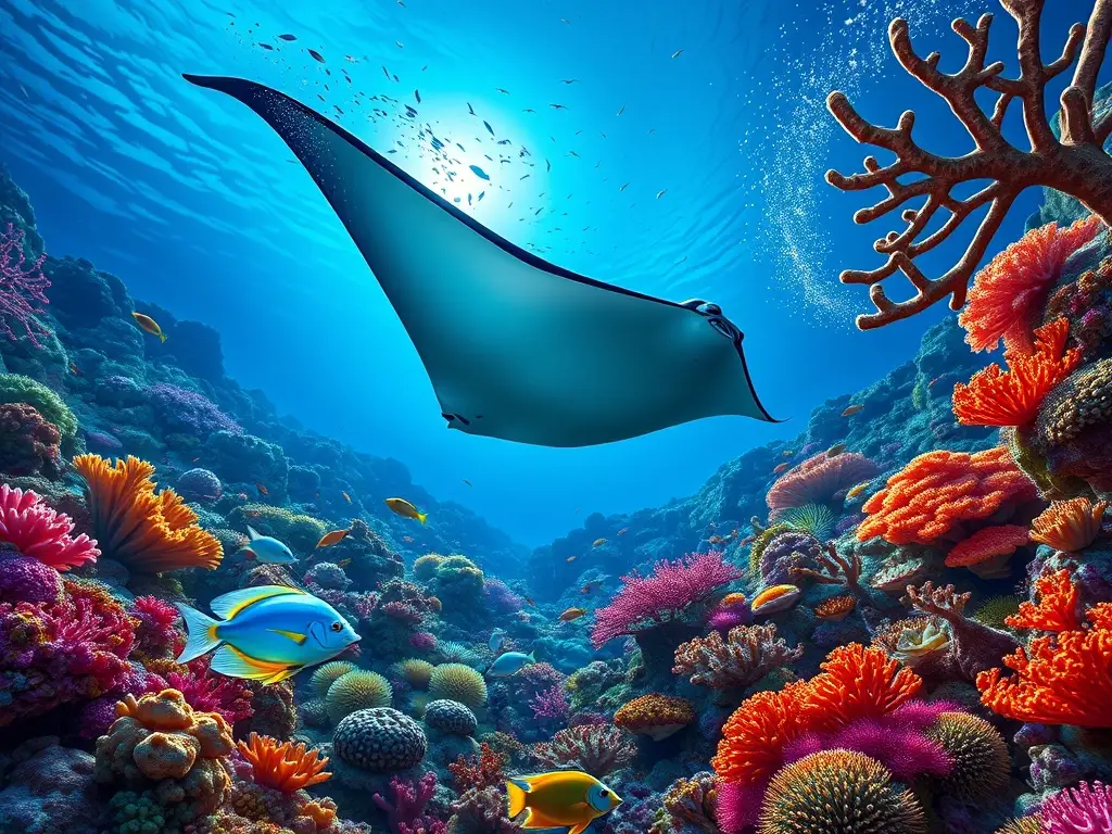 Un coral majestuoso de alta resolución y detalle, con vida marina exuberante