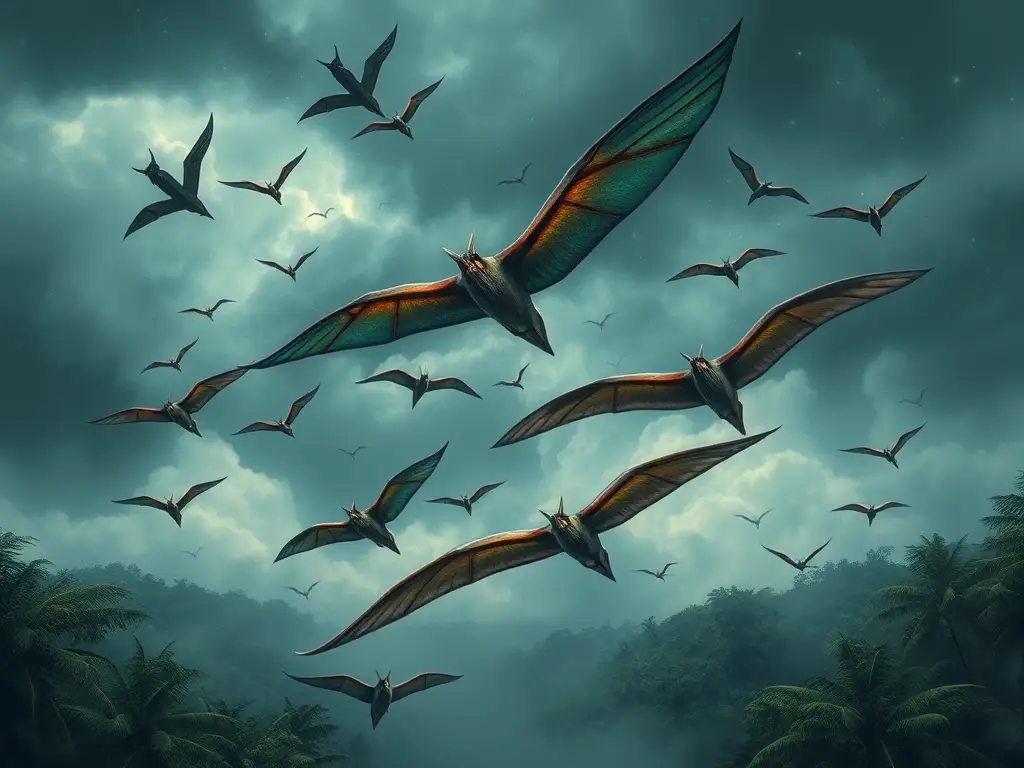 Ilustración realista de pterosaurios volando en tormenta por una jungla esmeralda