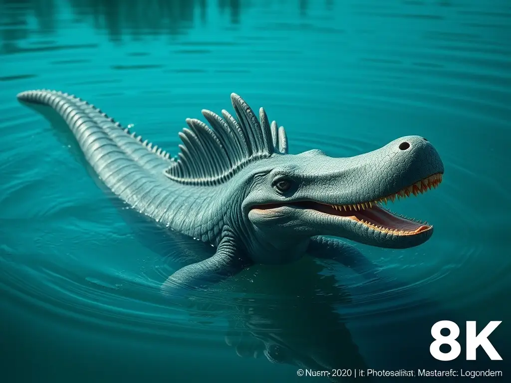 Un retrato realista de plesiosauro en un lago azul