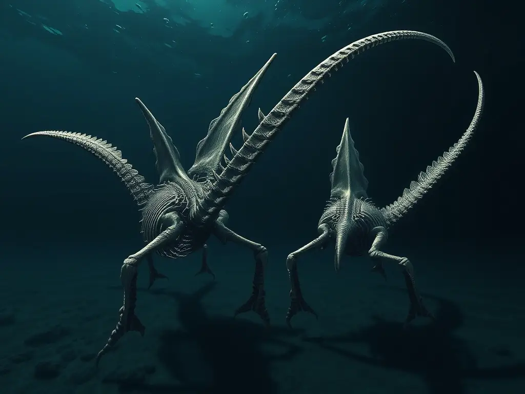 Ilustración realista de esqueletos de ichthyosaurios sumergidos en un espacio