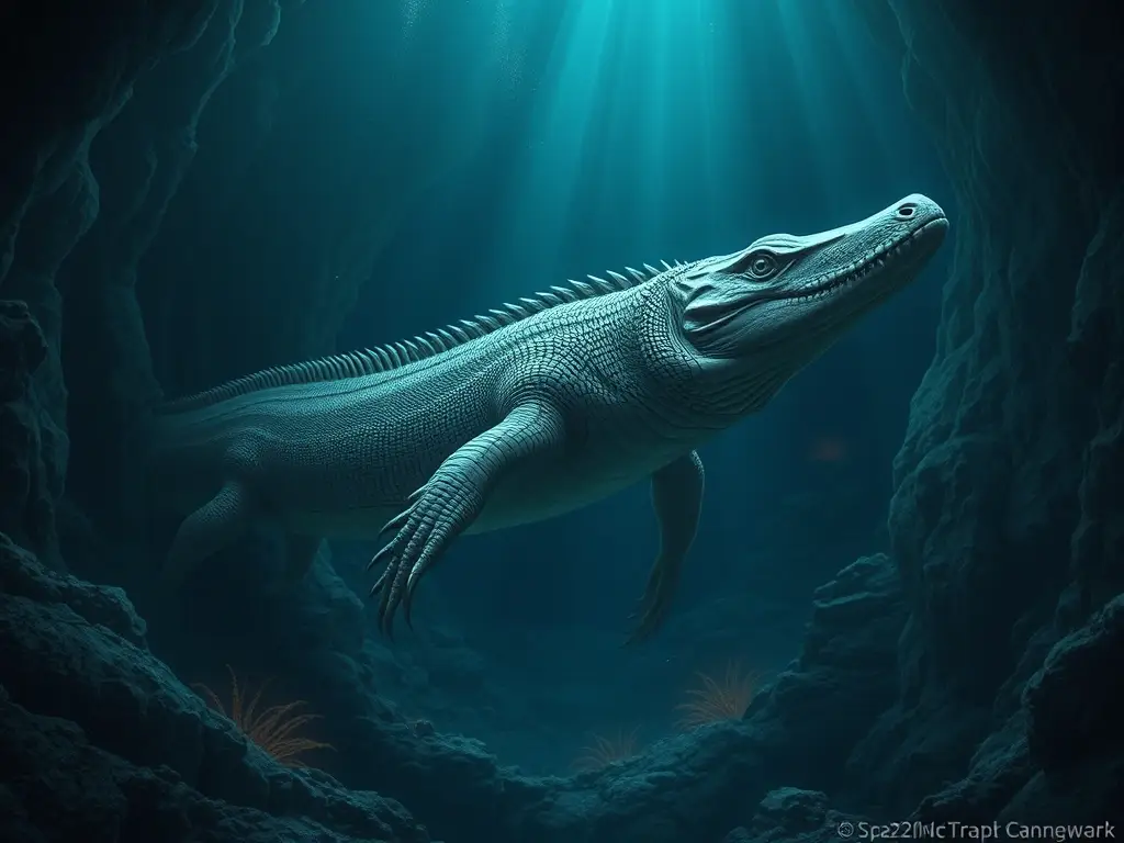 Illustration realista de Darren, un reptil marino gigante, en el fondo del abismo
