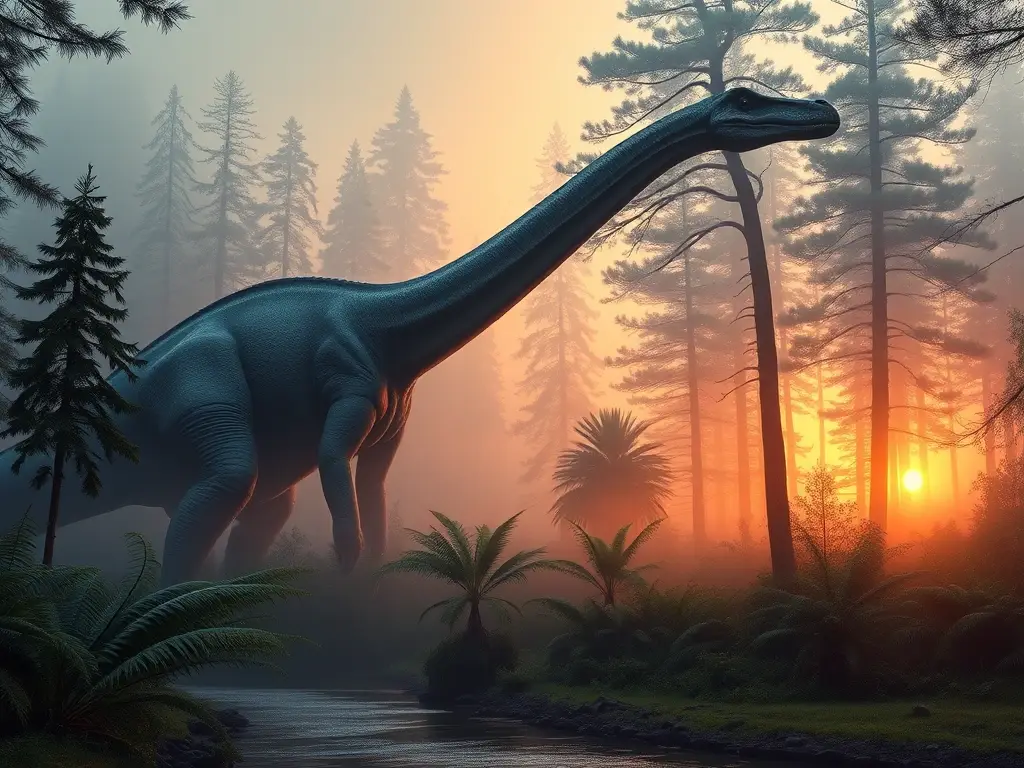 Diplodocus majestuoso en bosque jurásico neblinoso