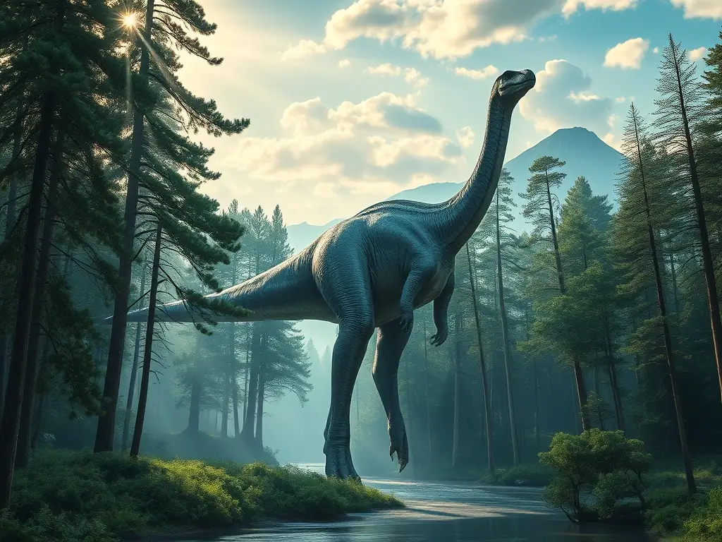 Brahiosaurio gigante en bosque jurásico brumoso