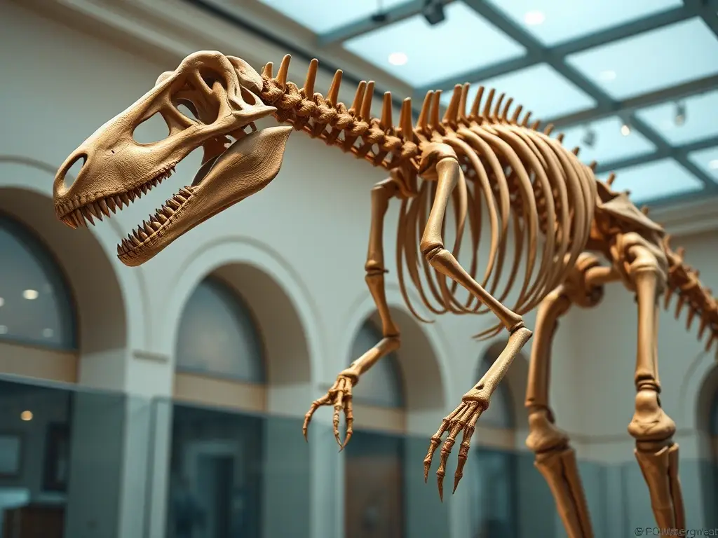Fotorealista, 8K, esqueleto de dinosaurio de cuello largo en museo