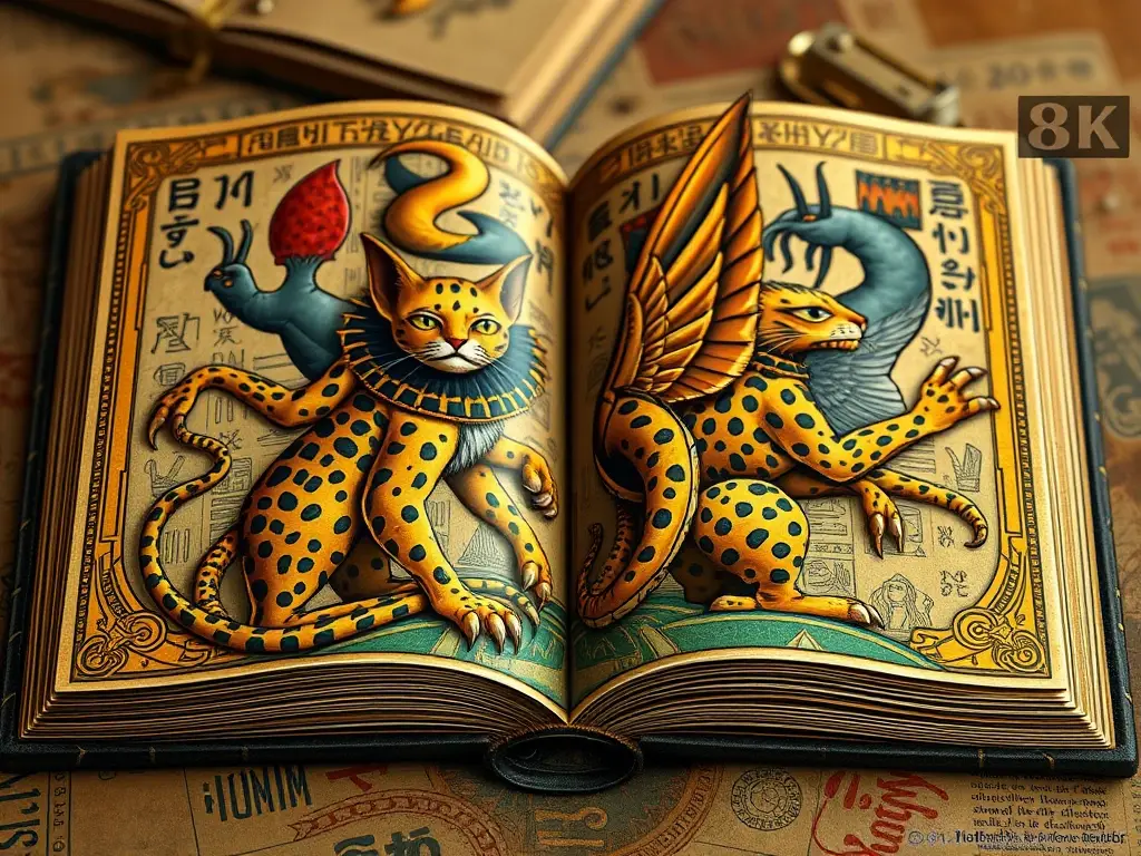 Ilustración 8K de cubierta con felinos dioses épicos y detalles