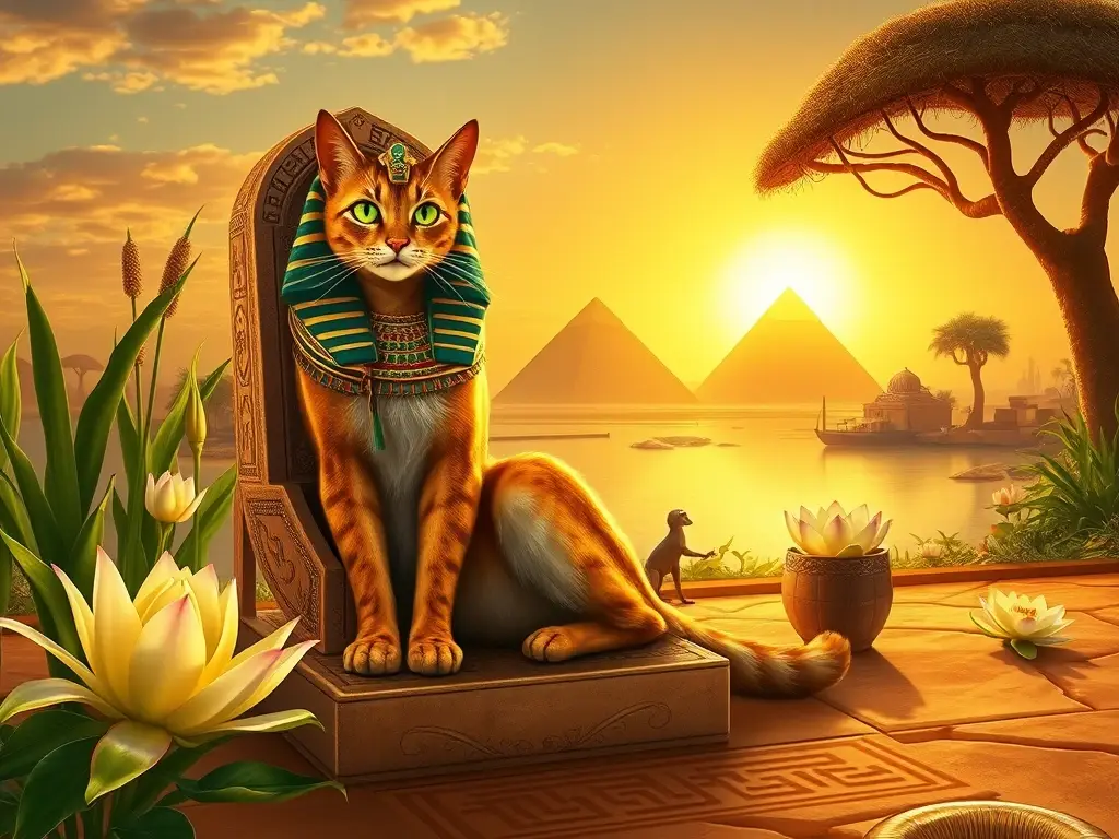 Diosa gata egipcia en trono majestuoso
