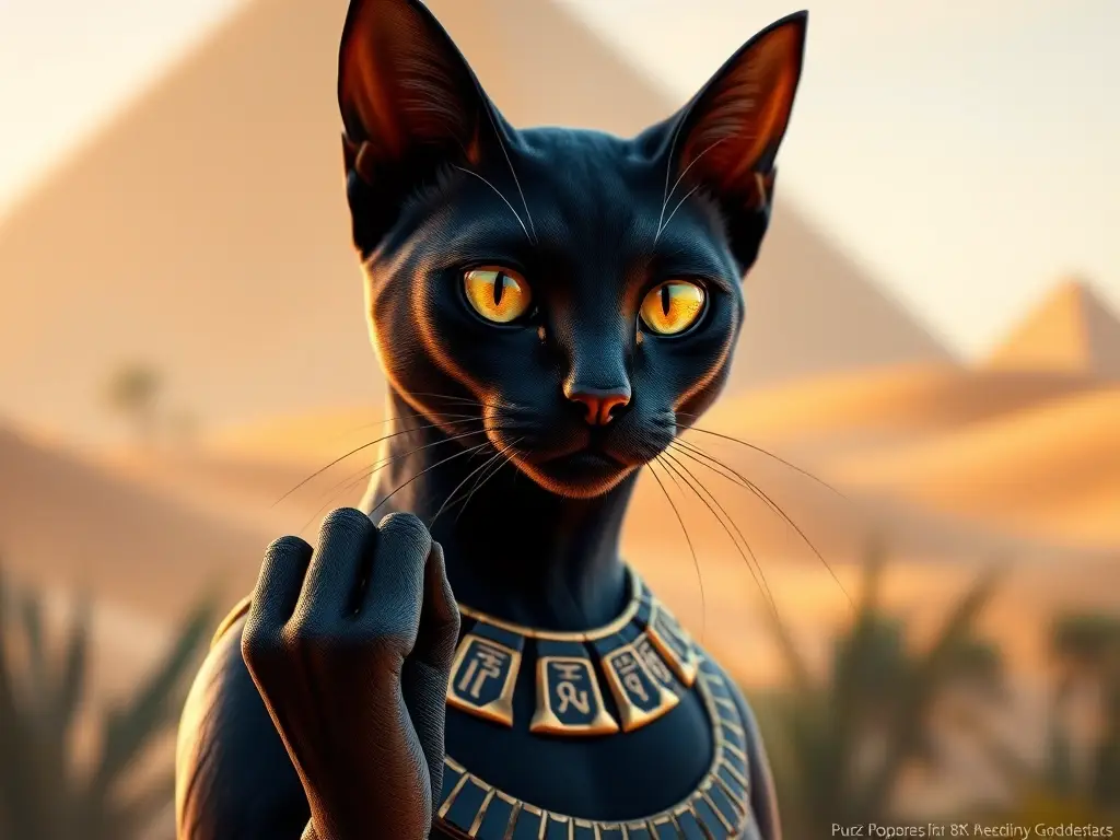 Fotografía realista de Bastet, la diosa egipcia de felinos, con un amuleto y a luz suave