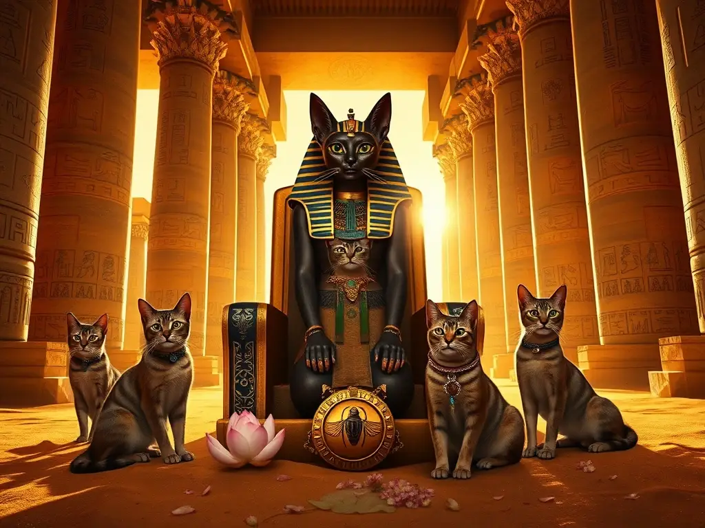 Bastet reina en templo rodeada de felinos