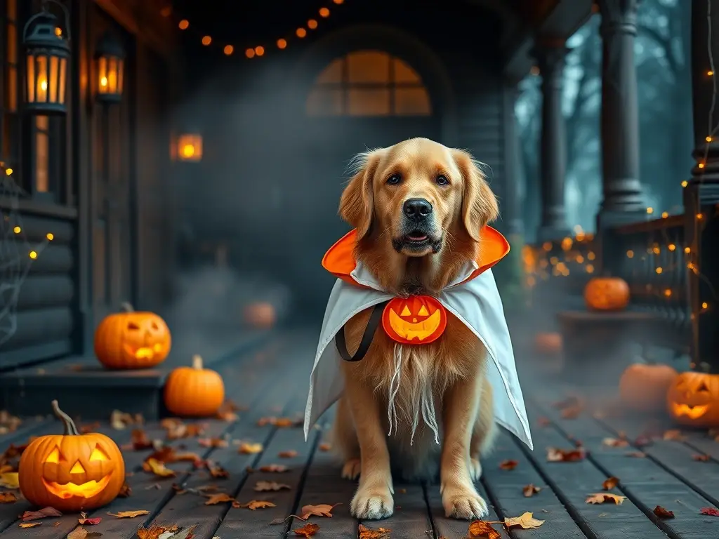 Perro dorado feliz con disfraz de Halloween