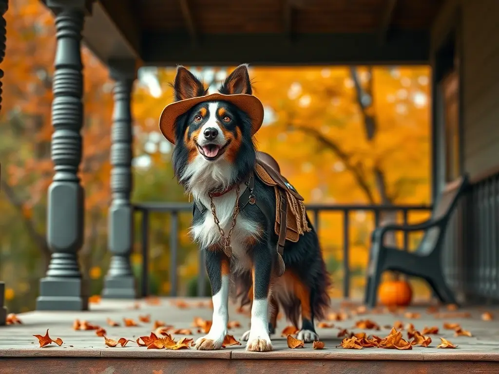 Fotografía realista de un Border Collie cowboy en Halloween