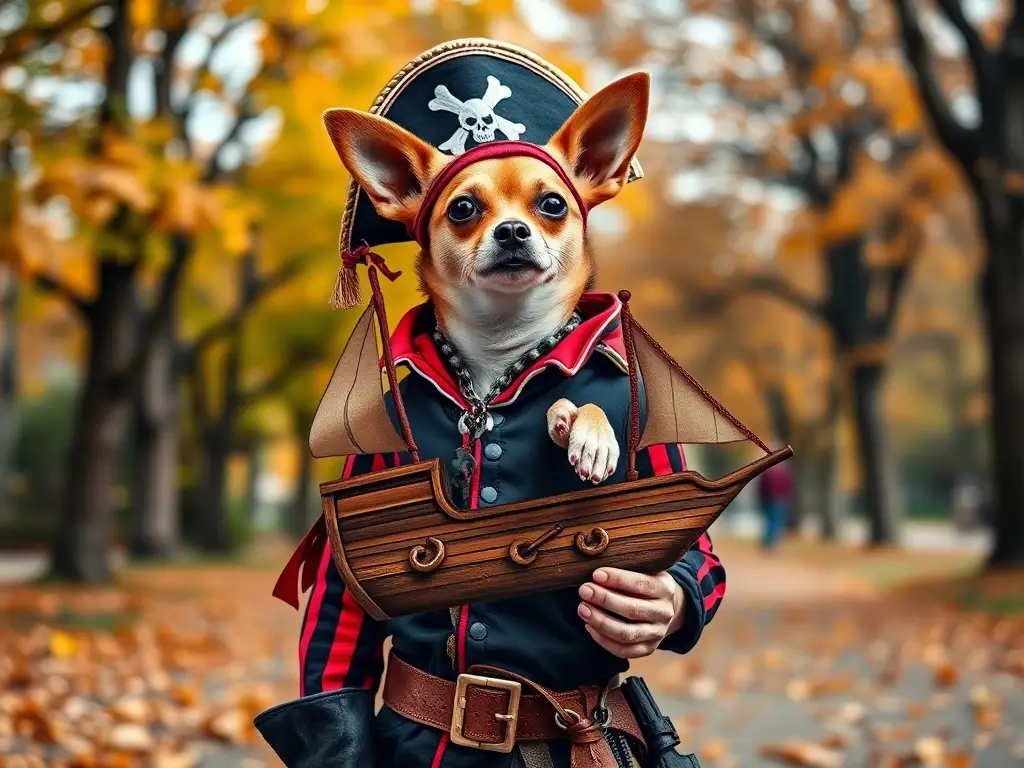 Fotografía realista del perro pirata y dueño en Halloween