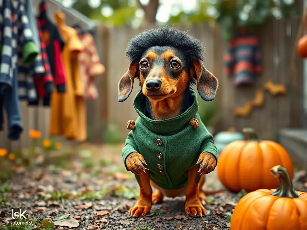 Imagen realista yCatchy de un perro dachshund con disfraz de Frankenstein