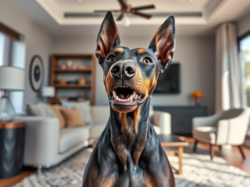 Un Doberman Pinscher snarling, moderno, de alta calidad