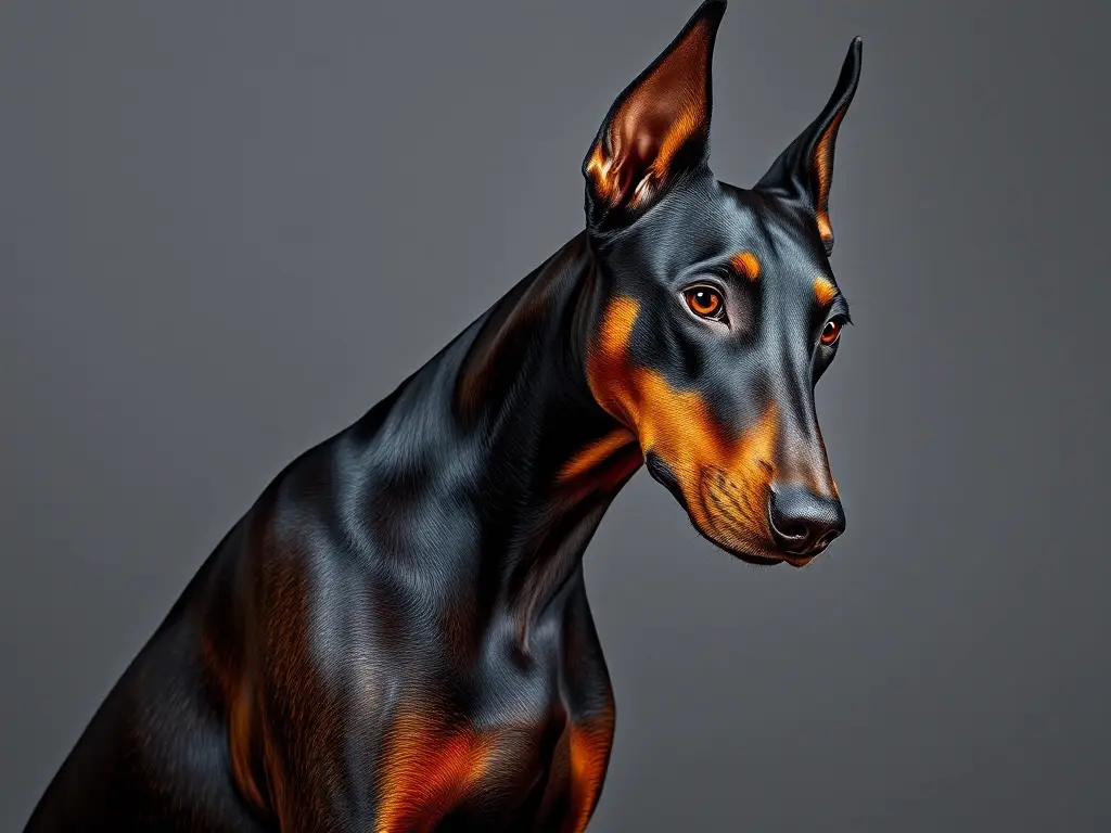 Fotografía realista de Doberman con brindle oscuro, postura serena y detalles precisos