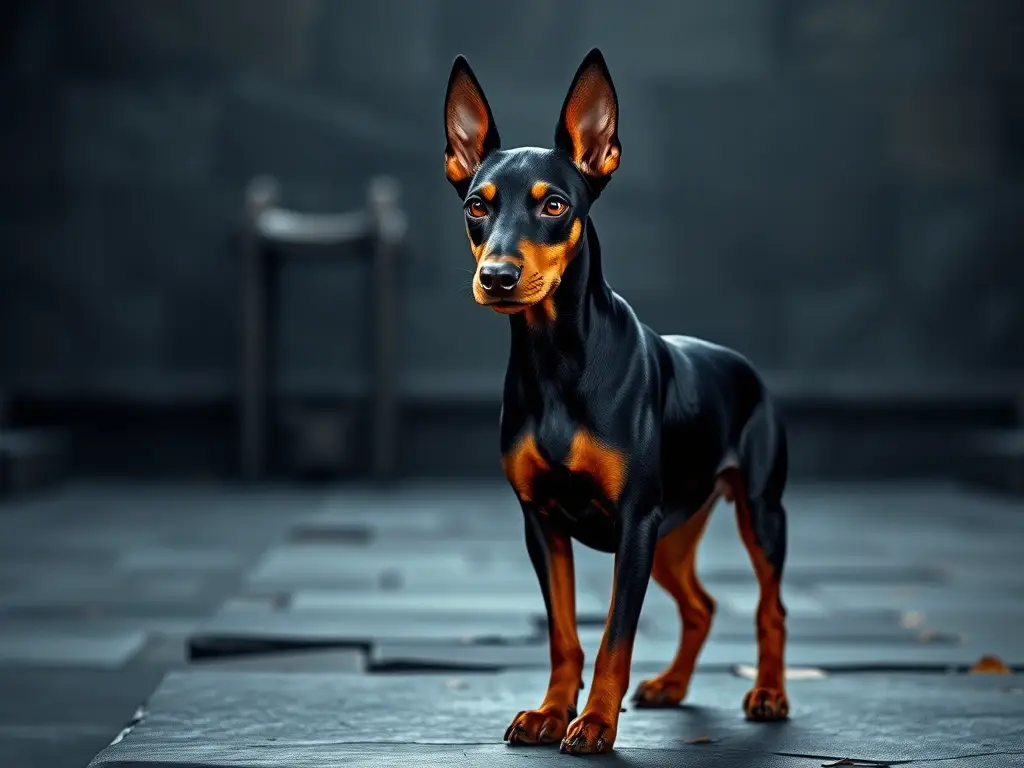 Mini Doberman fotorealista sobre plataforma oscura