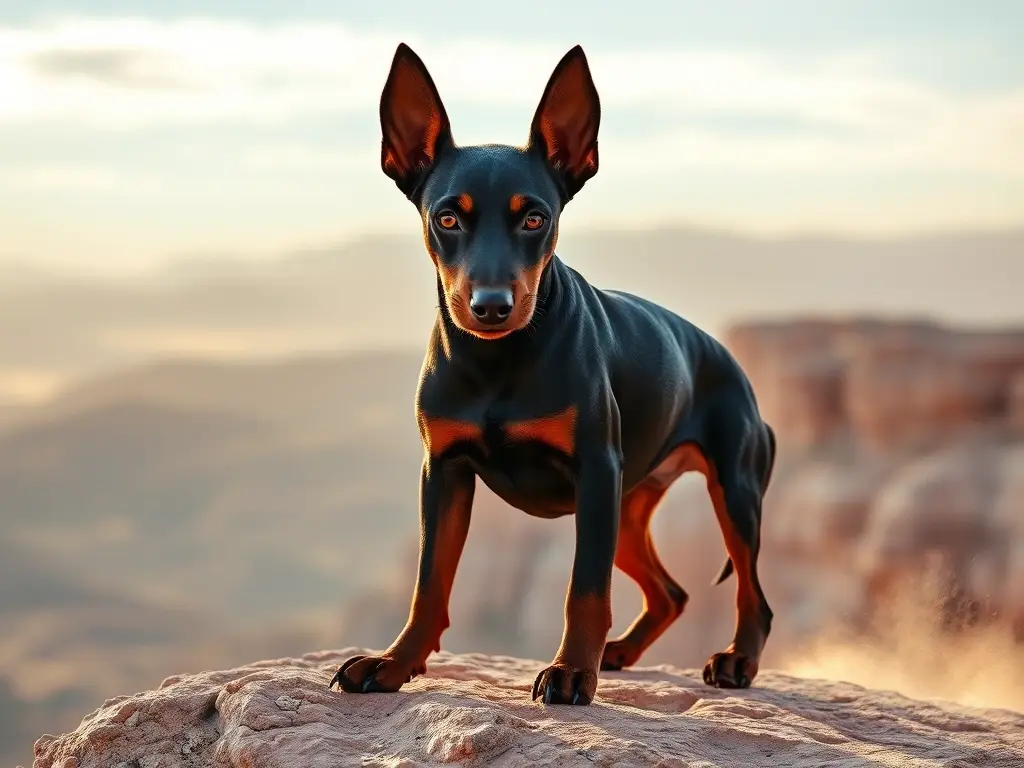 Doberman noble en mirador rocoso al atardecer