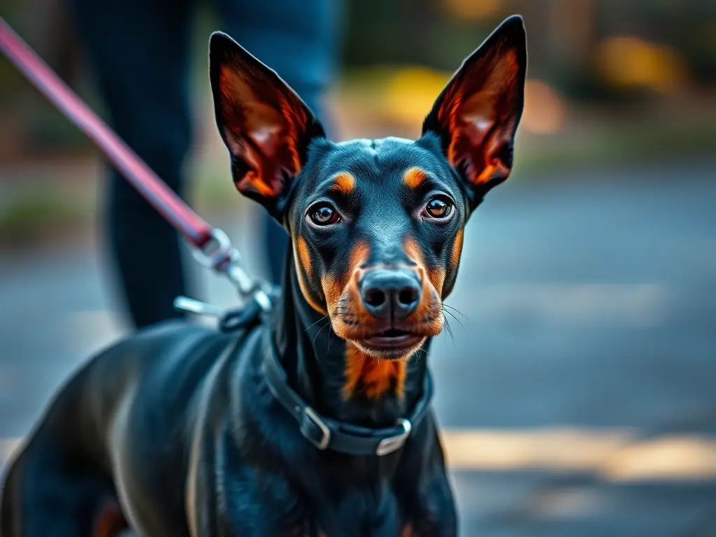 Foto realista de un Doberman Mini Pinscher en paseo con correa, sin texto ni logos