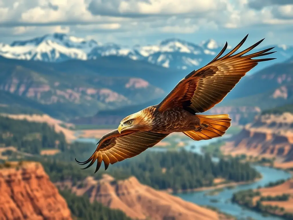 Imagen realista de un águila dorada en vuelo sobre un paisaje diverso