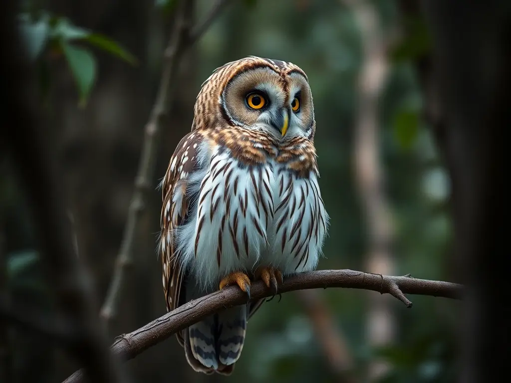 Una fotorealista, impresionante retrato de un búho barred en un bosque