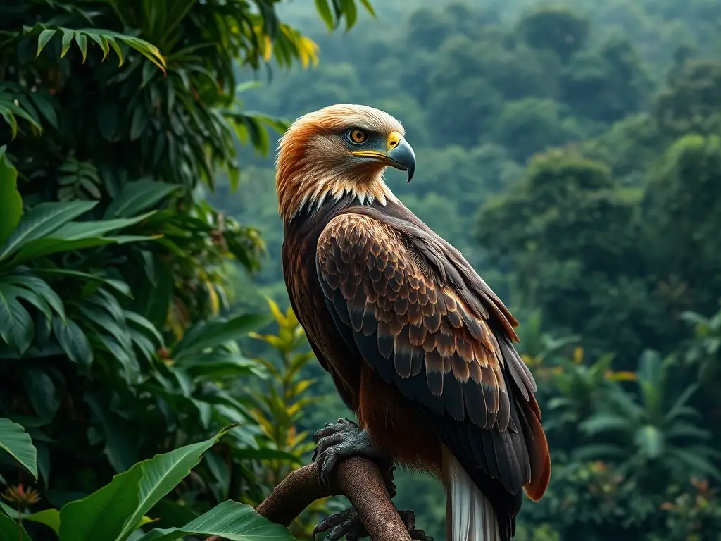 Imagen realista de un águila en el follaje tropical