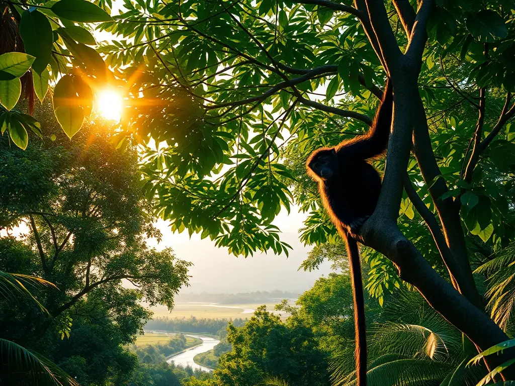 Despertar tropical con mono araña en árbol