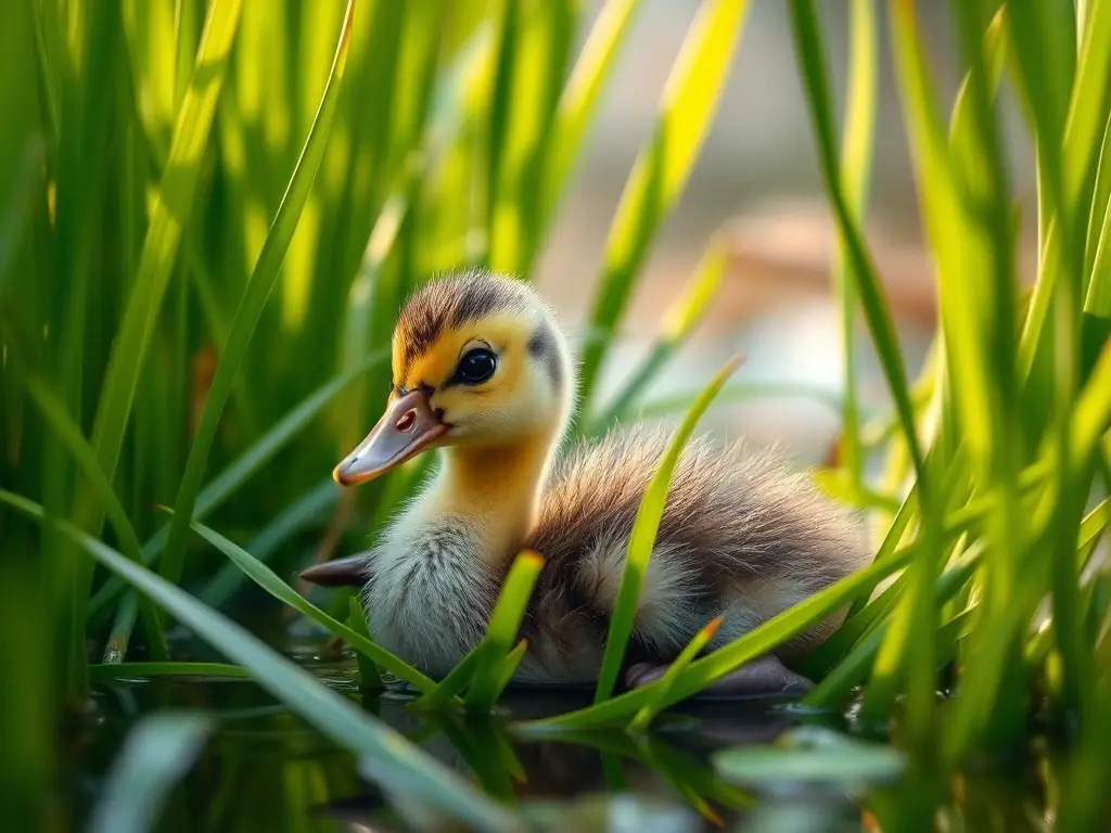Imagen realística de un pollito con plumas y pico en un pantano