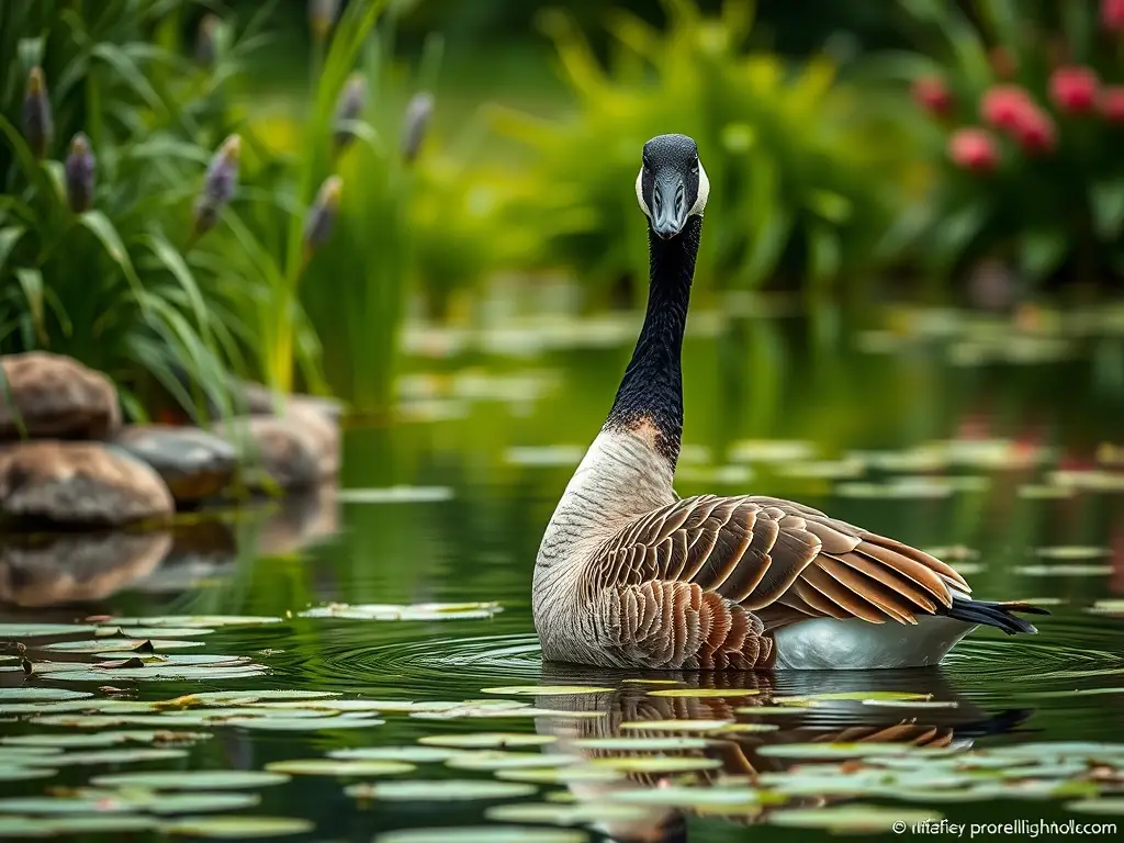 Fotorealista retrato perfecto de un ganso canadiense en un estanque